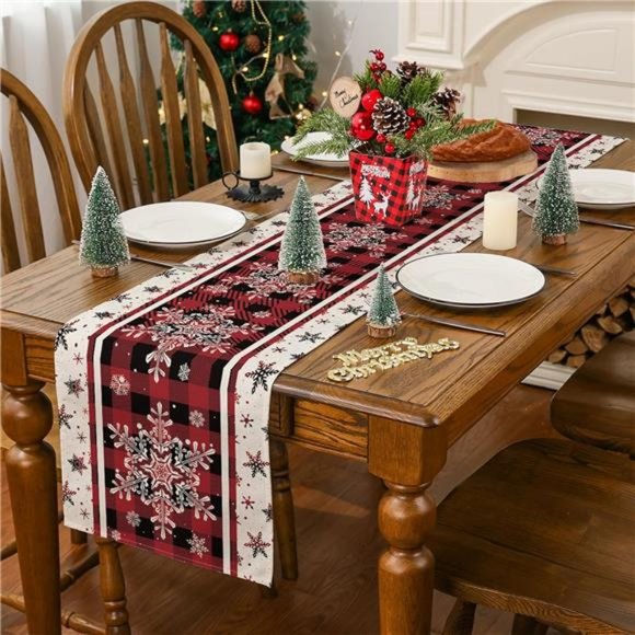 Christmas Table Runner Plaid Decor Winter Snowflake Decoration Decorative Cloth - Picture 9 of 10